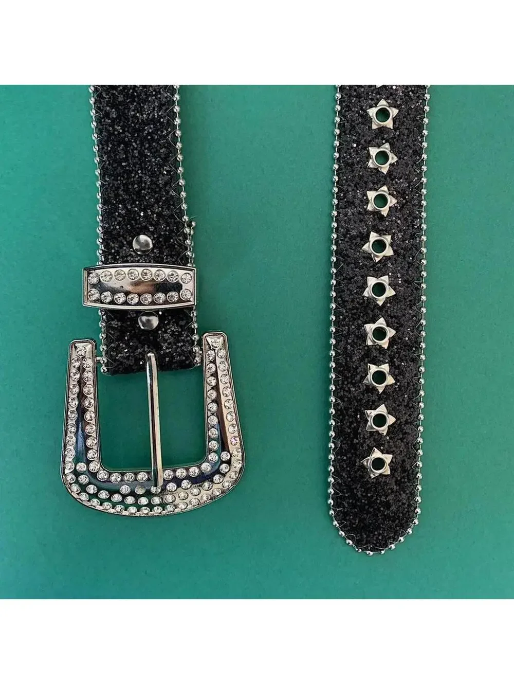 Y2K Black Silver Punk Studded Rhinestone Belt